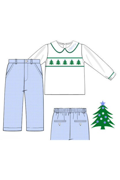 The Smocked Flamingo Apparel & Accessories Smocked Christmas Tree Blue Seersucker Pant Set
