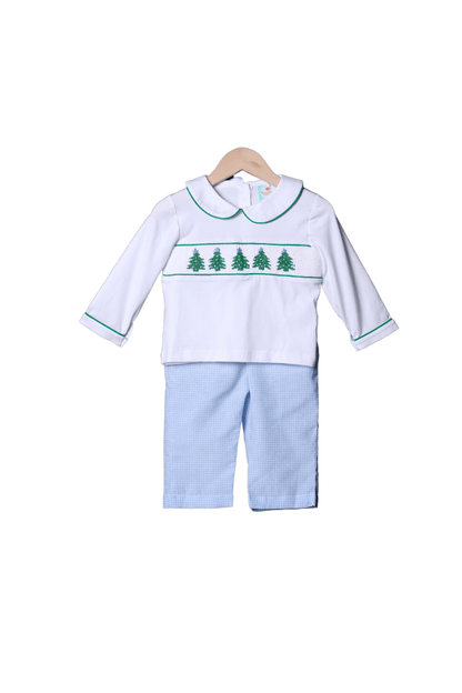 The Smocked Flamingo Apparel & Accessories Smocked Christmas Tree Blue Seersucker Pant Set