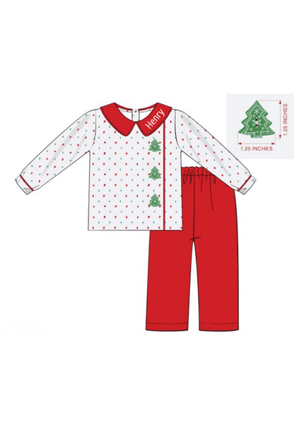 The Smocked Flamingo Apparel & Accessories Smocked Christmas Tree Buttons Swiss Dot Pant Set