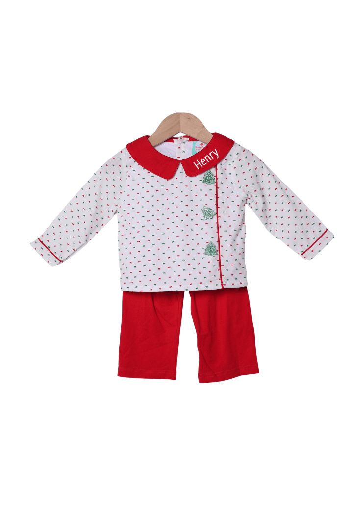 The Smocked Flamingo Apparel & Accessories Smocked Christmas Tree Buttons Swiss Dot Pant Set