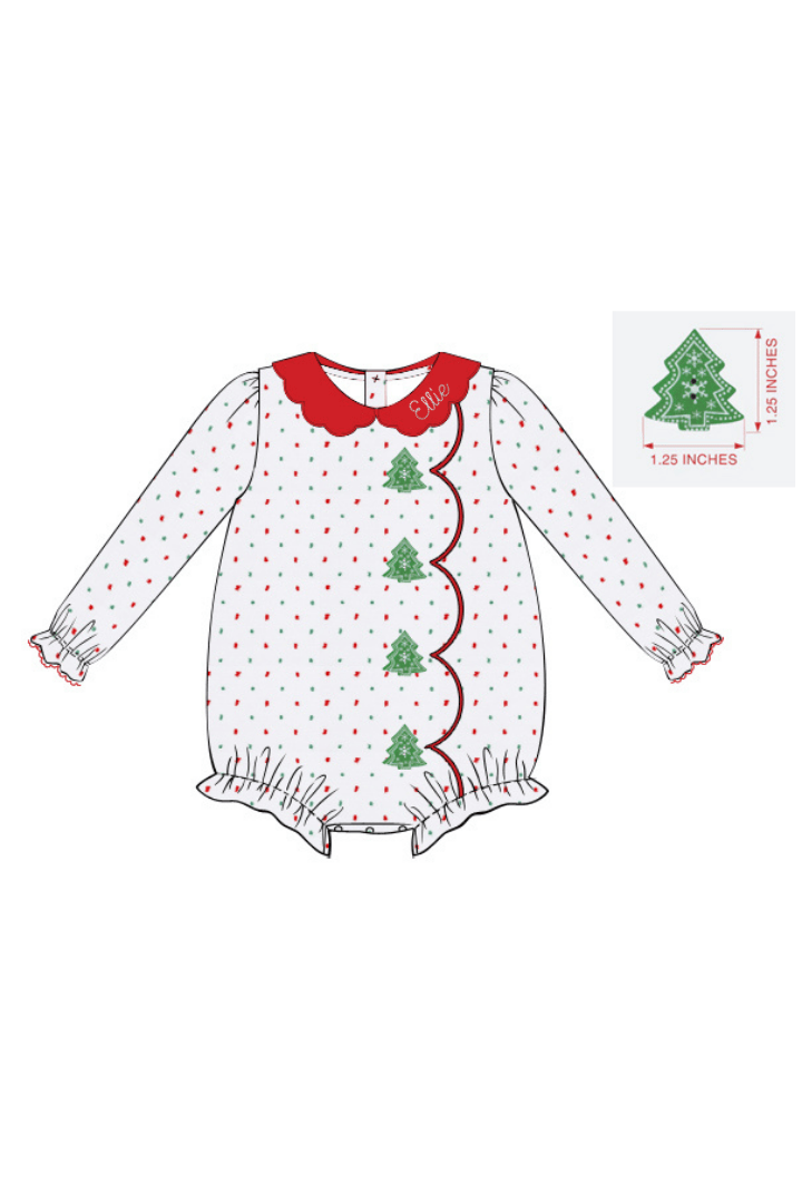 The Smocked Flamingo Apparel & Accessories Smocked Christmas Tree Buttons Swiss Dot Scalloped Bubble
