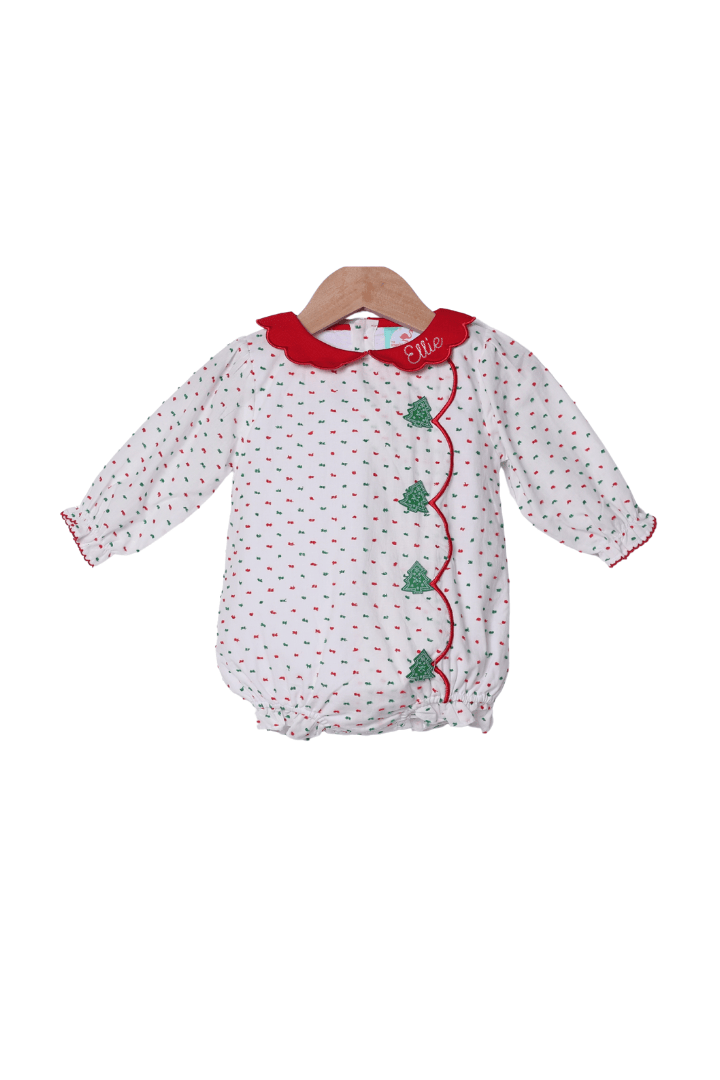The Smocked Flamingo Apparel & Accessories Smocked Christmas Tree Buttons Swiss Dot Scalloped Bubble