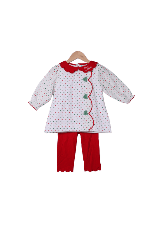 The Smocked Flamingo Apparel & Accessories Smocked Christmas Tree Buttons Swiss Dot Scalloped Pant Set