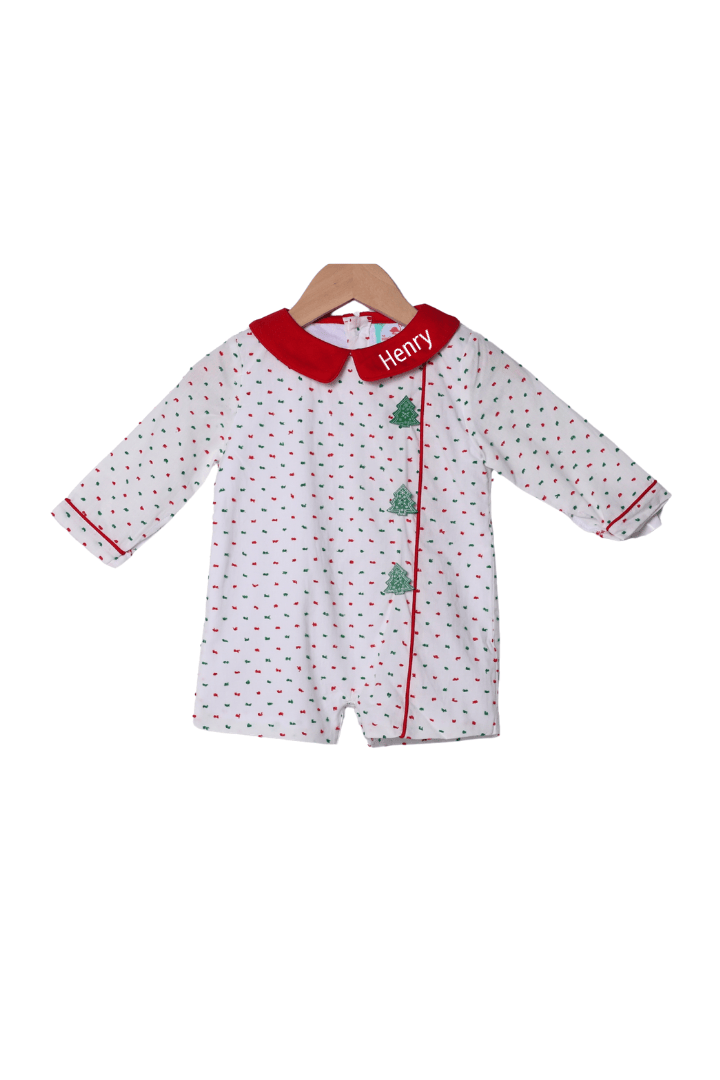 The Smocked Flamingo Apparel & Accessories Smocked Christmas Tree Buttons Swiss Dot Short All