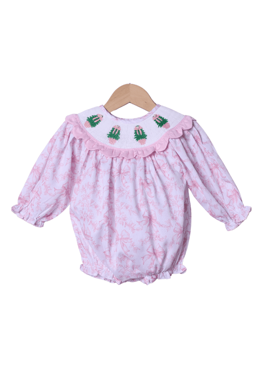 The Smocked Flamingo Apparel & Accessories Smocked Christmas Tree Pink Floral Pearl Scalloped Bubble