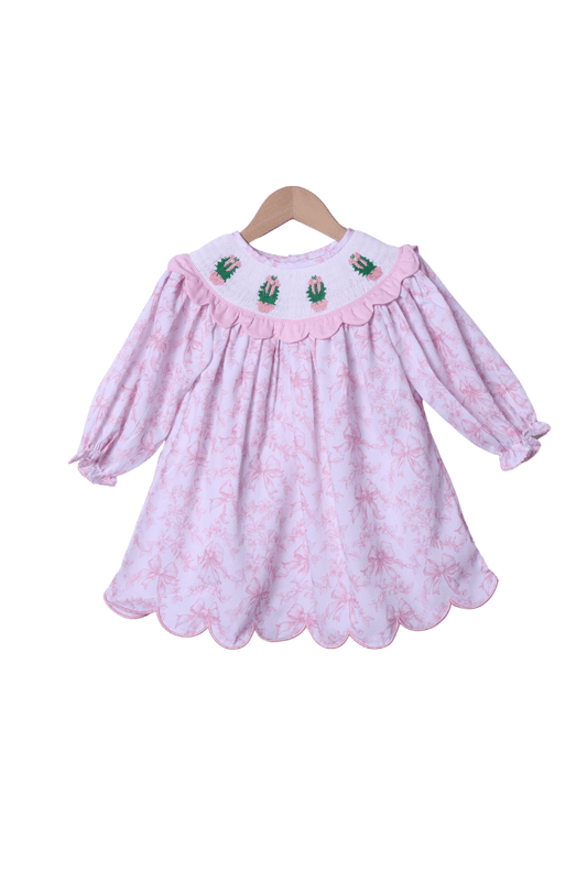 The Smocked Flamingo Apparel & Accessories Smocked Christmas Tree Pink Floral Scalloped Dress