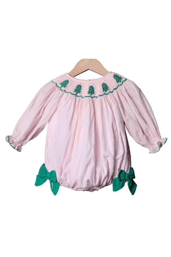 The Smocked Flamingo Apparel & Accessories Smocked Christmas Tree Pink Swiss Dot Bubble