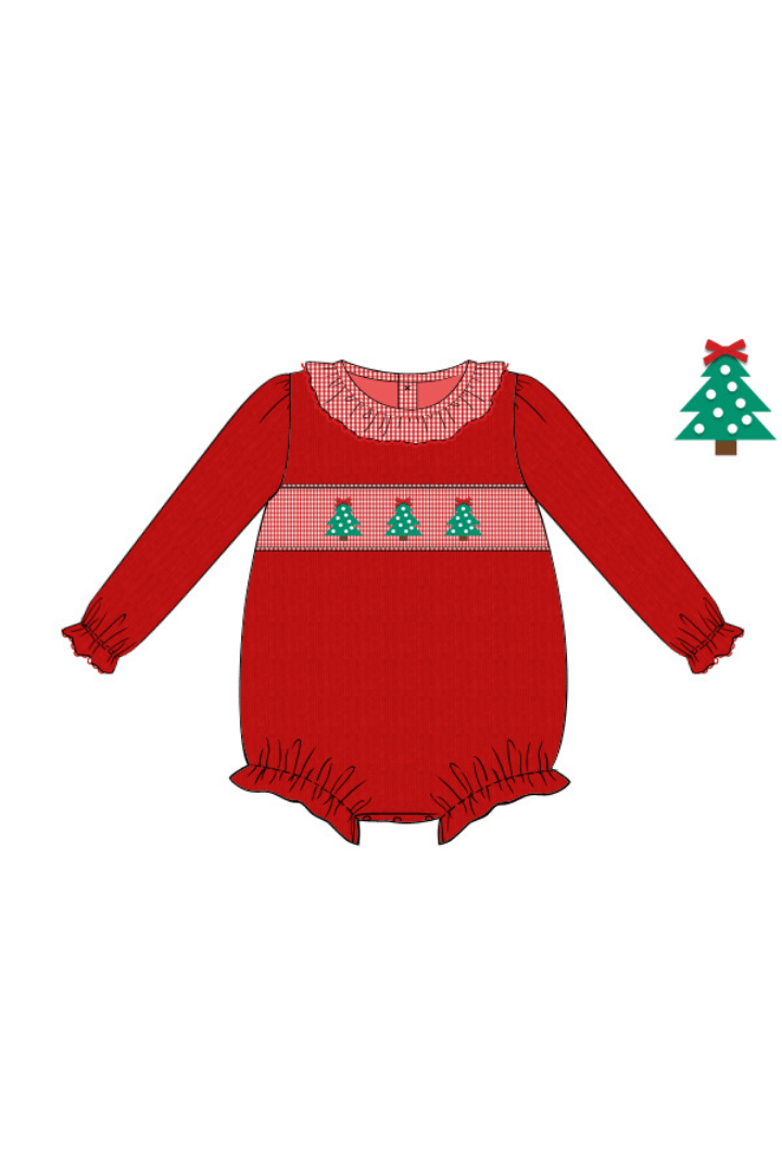 The Smocked Flamingo Apparel & Accessories Smocked Christmas Tree Red Corduroy/Gingham Ruffle Bubble