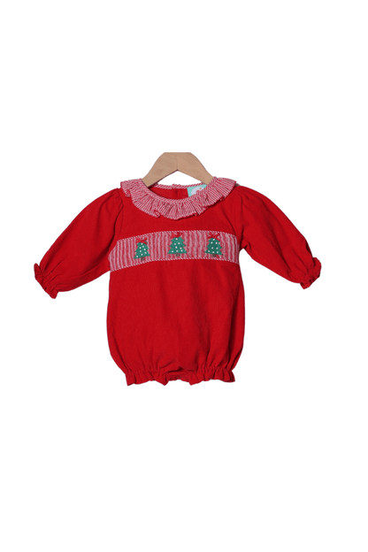 The Smocked Flamingo Apparel & Accessories Smocked Christmas Tree Red Corduroy/Gingham Ruffle Bubble