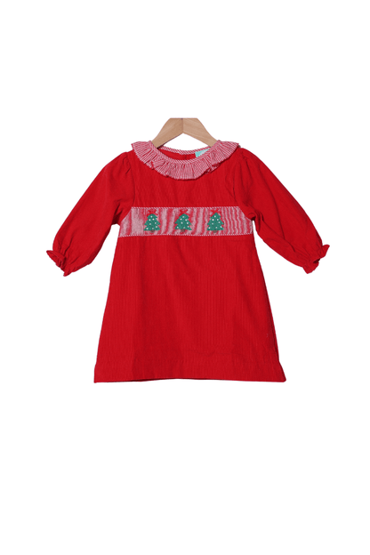 The Smocked Flamingo Apparel & Accessories Smocked Christmas Tree Red Corduroy/Gingham Ruffle Dress