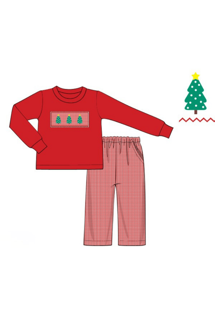 The Smocked Flamingo Apparel & Accessories Smocked Christmas Tree Red Gingham Pant Set