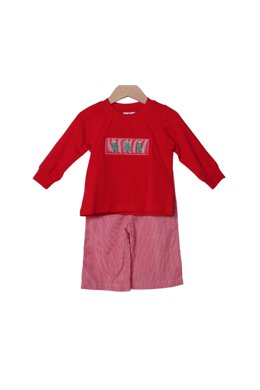 The Smocked Flamingo Apparel & Accessories Smocked Christmas Tree Red Gingham Pant Set