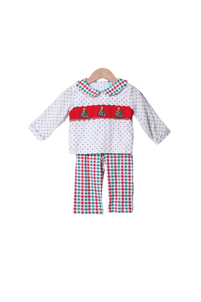 The Smocked Flamingo Apparel & Accessories Smocked Christmas Tree Red/Green Plaid Pant Set