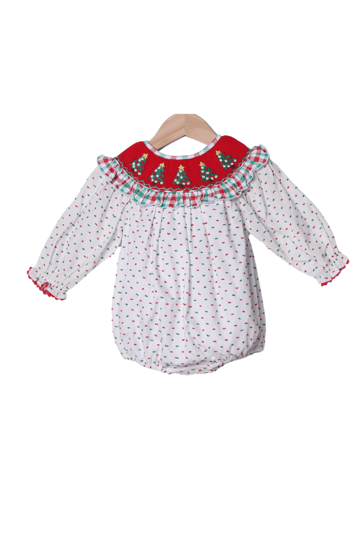 The Smocked Flamingo Apparel & Accessories Smocked Christmas Tree Red/Green Swiss Dot Bishop Bubble