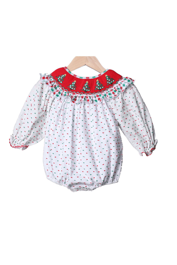 The Smocked Flamingo Apparel & Accessories Smocked Christmas Tree Red/Green Swiss Dot Bishop Bubble