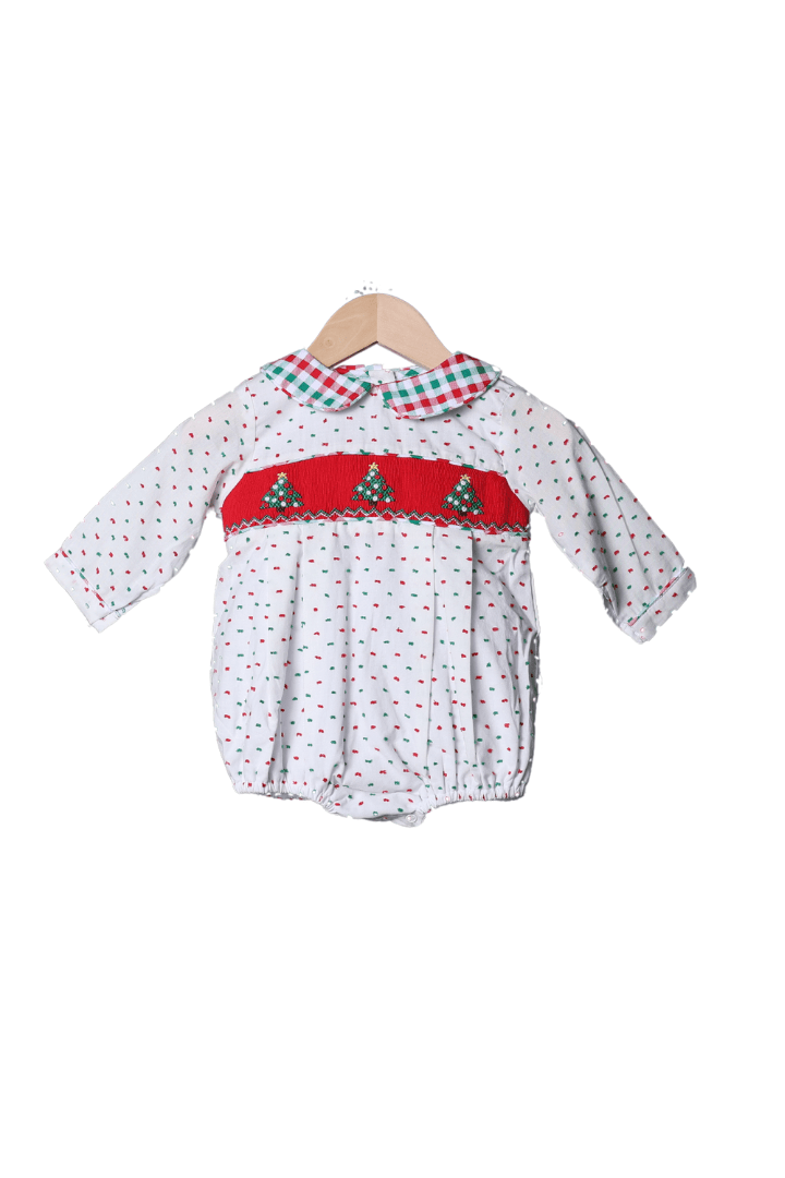 The Smocked Flamingo Apparel & Accessories Smocked Christmas Tree Red/Green Swiss Dot Bubble