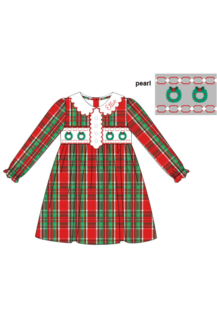 The Smocked Flamingo Apparel & Accessories Smocked Christmas Wreath Pearl Plaid Dress