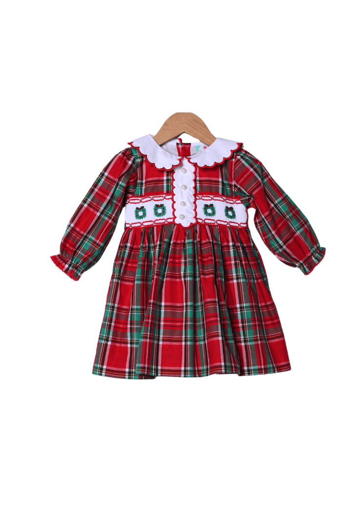 The Smocked Flamingo Apparel & Accessories Smocked Christmas Wreath Pearl Plaid Dress
