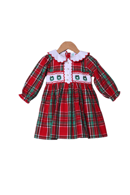 The Smocked Flamingo Apparel & Accessories Smocked Christmas Wreath Pearl Plaid Dress