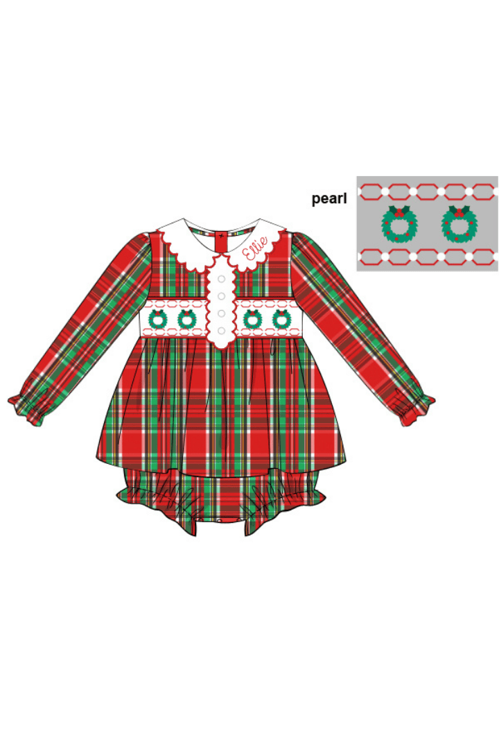 The Smocked Flamingo Apparel & Accessories Smocked Christmas Wreath Pearl Plaid Skirted Bubble