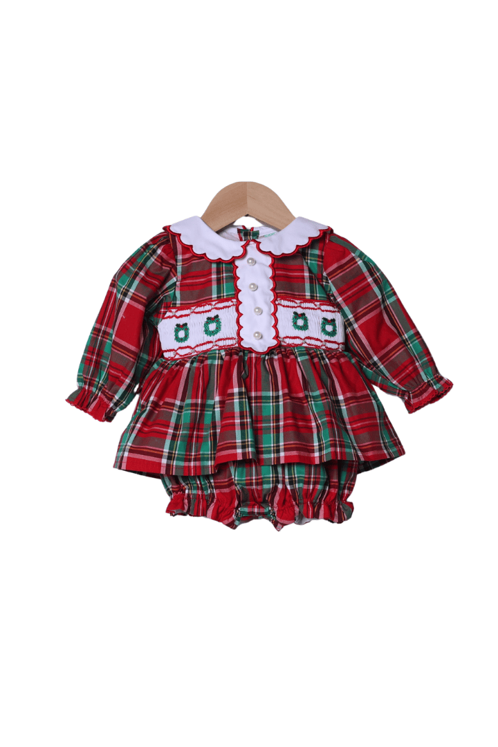 The Smocked Flamingo Apparel & Accessories Smocked Christmas Wreath Pearl Plaid Skirted Bubble