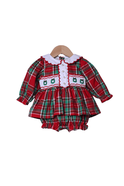 The Smocked Flamingo Apparel & Accessories Smocked Christmas Wreath Pearl Plaid Skirted Bubble