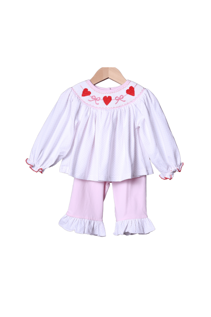 The Smocked Flamingo Apparel & Accessories Smocked Classic Bow and Heart Pink Bitty Dot Pant Set