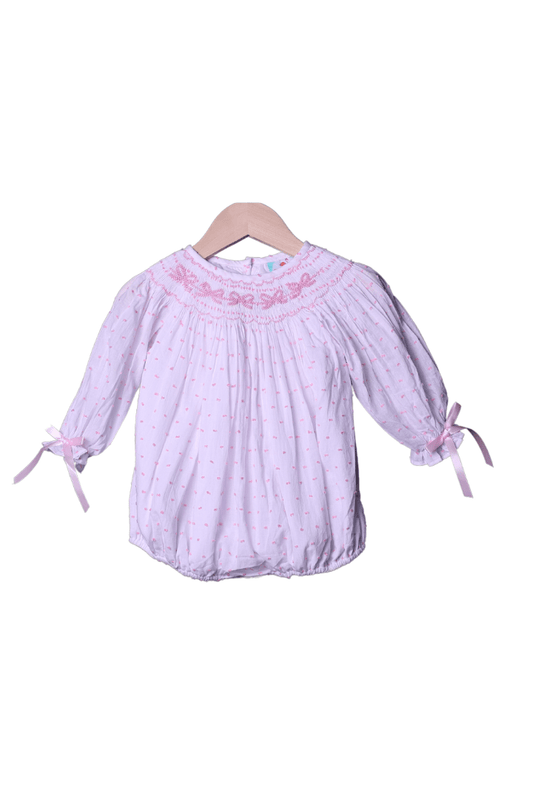 The Smocked Flamingo Apparel & Accessories Smocked Classic Bow Pink Swiss Dot Bubble LONG Sleeve