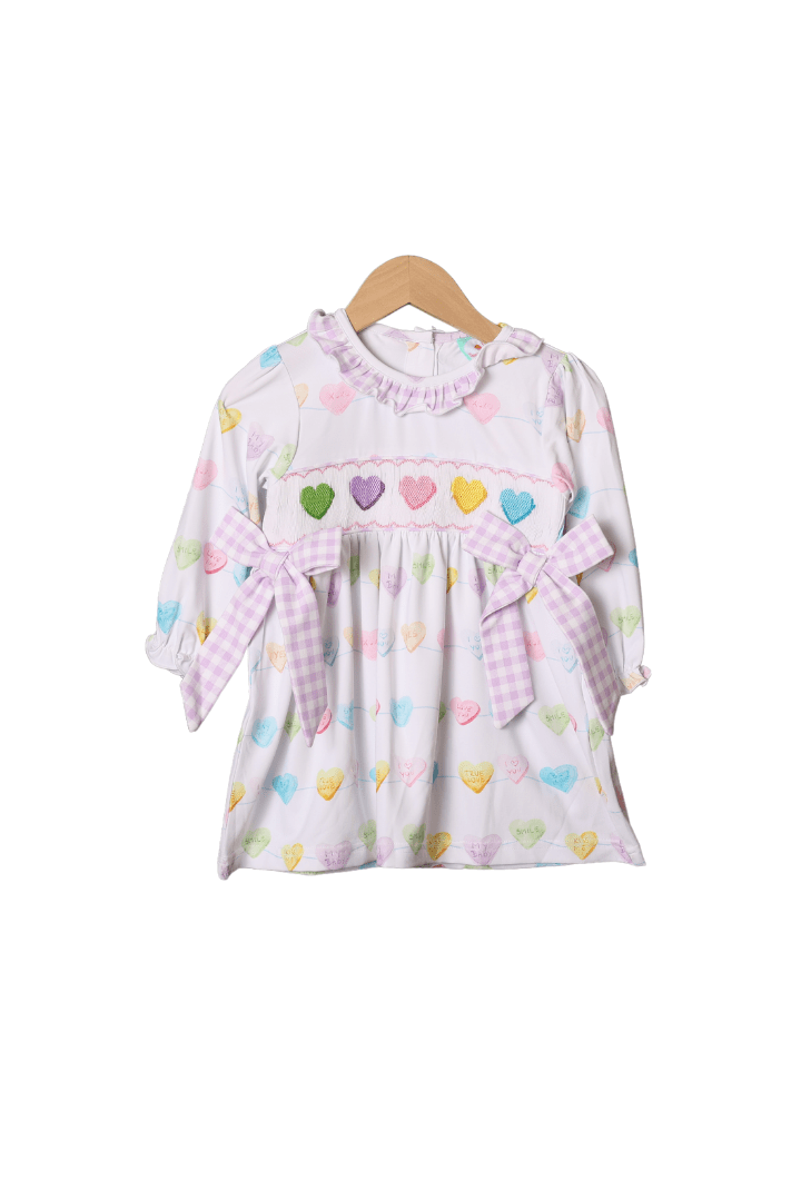 The Smocked Flamingo Apparel & Accessories Smocked Conversation Heart Purple Gingham Knit Dress