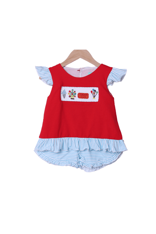 The Smocked Flamingo Apparel & Accessories Smocked County Fair Red/Blue Stripe Ruffle Short Set