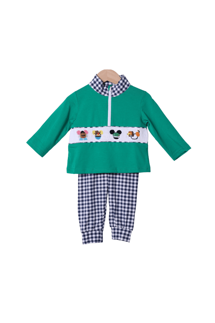 The Smocked Flamingo Apparel & Accessories Smocked Cowboy and Friends Green/Navy Gingham Set