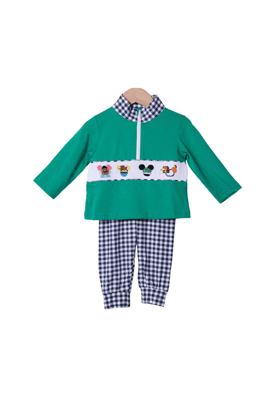 The Smocked Flamingo Apparel & Accessories Smocked Cowboy and Friends Green/Navy Gingham Set