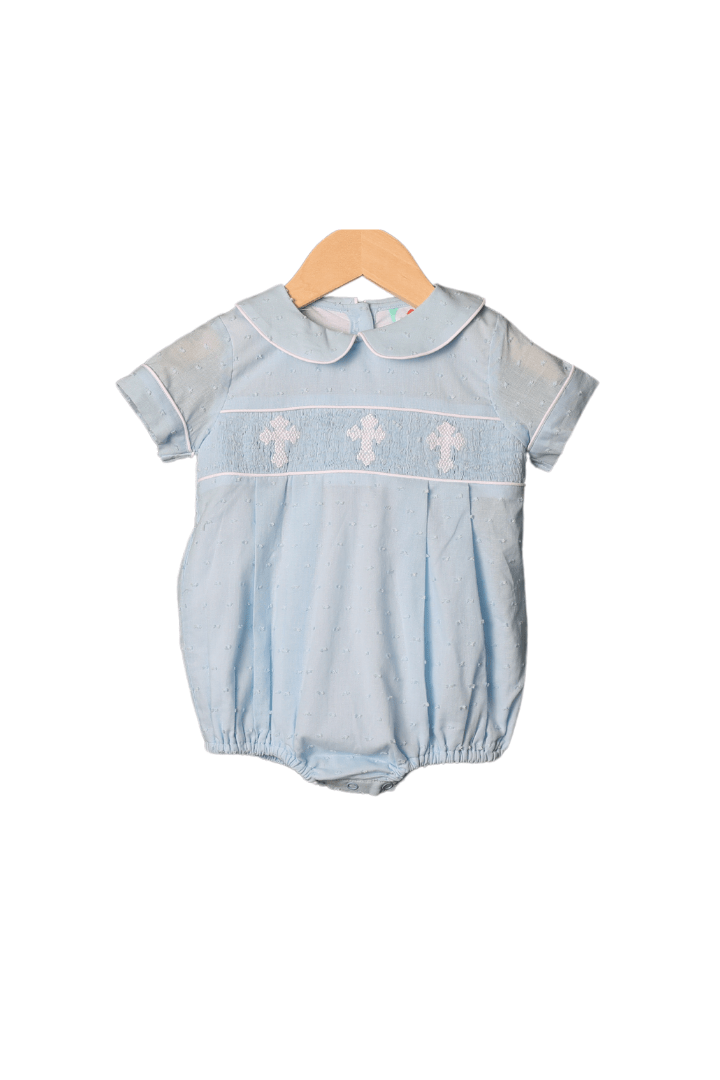 The Smocked Flamingo Apparel & Accessories Smocked Cross Blue Swiss Dot Boy Bubble