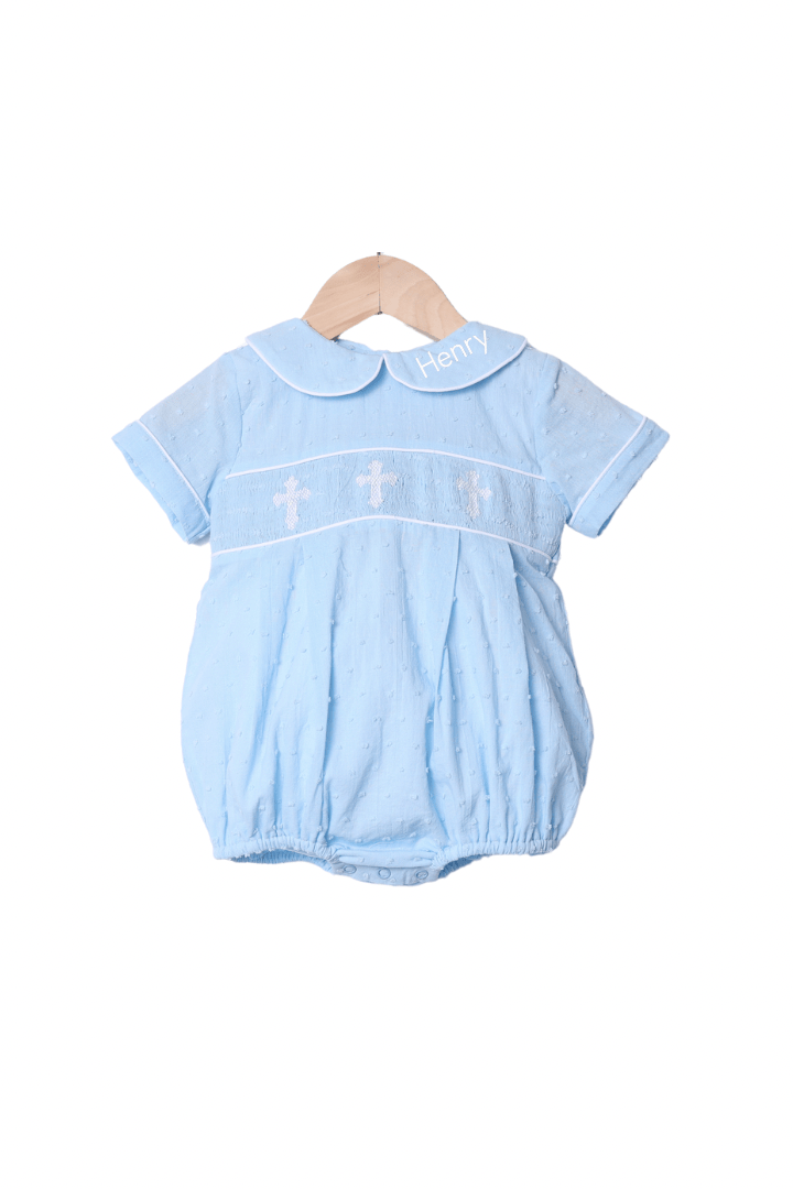 The Smocked Flamingo Apparel & Accessories Smocked Cross Blue Swiss Dot Bubble