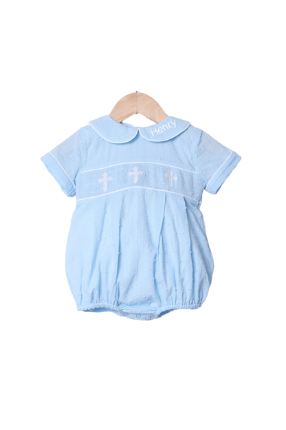 The Smocked Flamingo Apparel & Accessories Smocked Cross Blue Swiss Dot Bubble