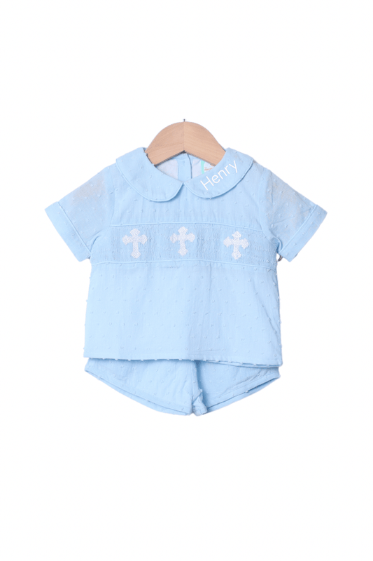 The Smocked Flamingo Apparel & Accessories Smocked Cross Blue Swiss Dot Short Set