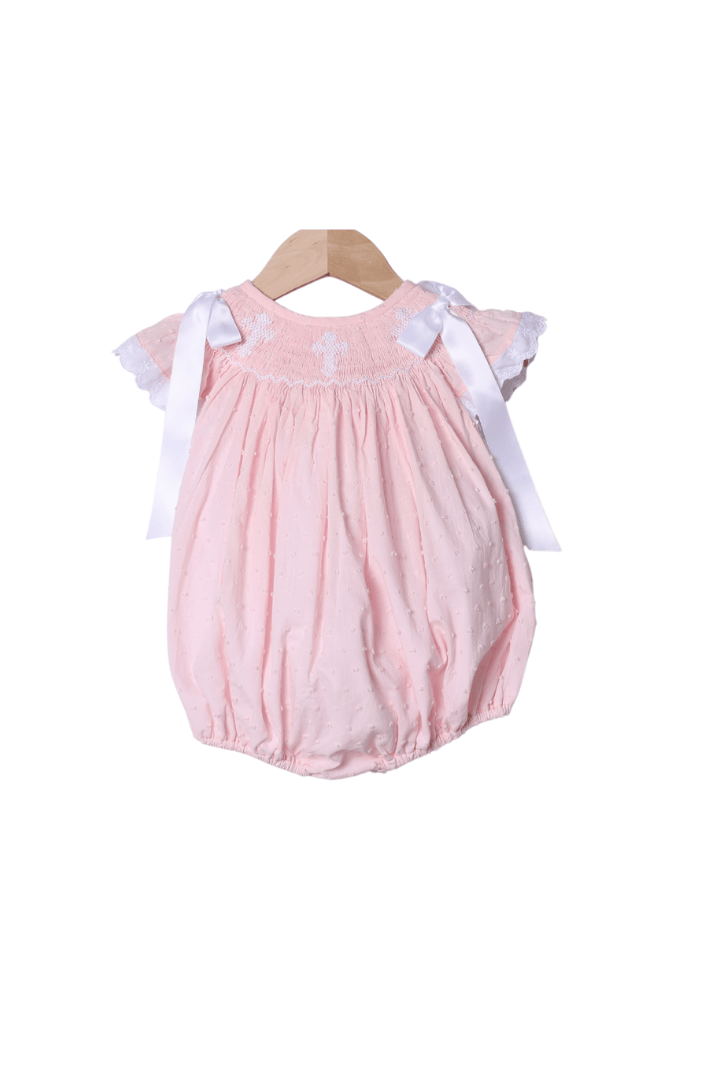 The Smocked Flamingo Apparel & Accessories Smocked Cross Pink Swiss Dot Bow Bubble