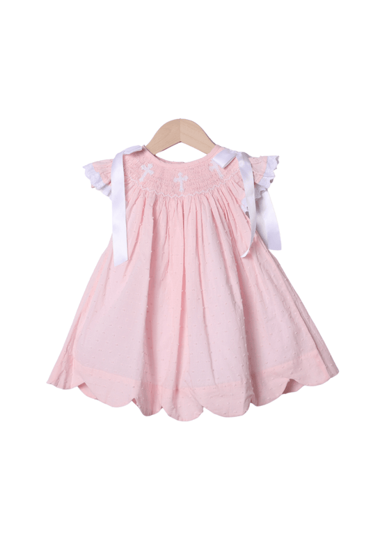The Smocked Flamingo Apparel & Accessories Smocked Cross Pink Swiss Dot Bow Dress