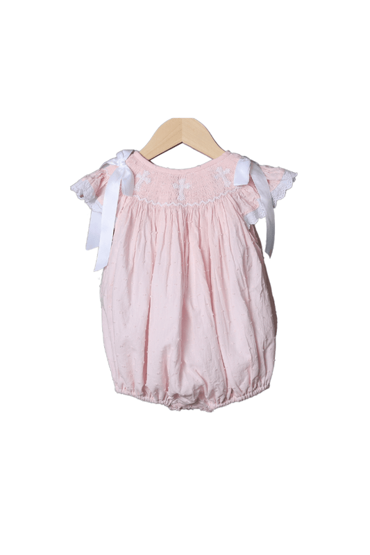 The Smocked Flamingo Apparel & Accessories Smocked Cross Pink Swiss Dot Bubble