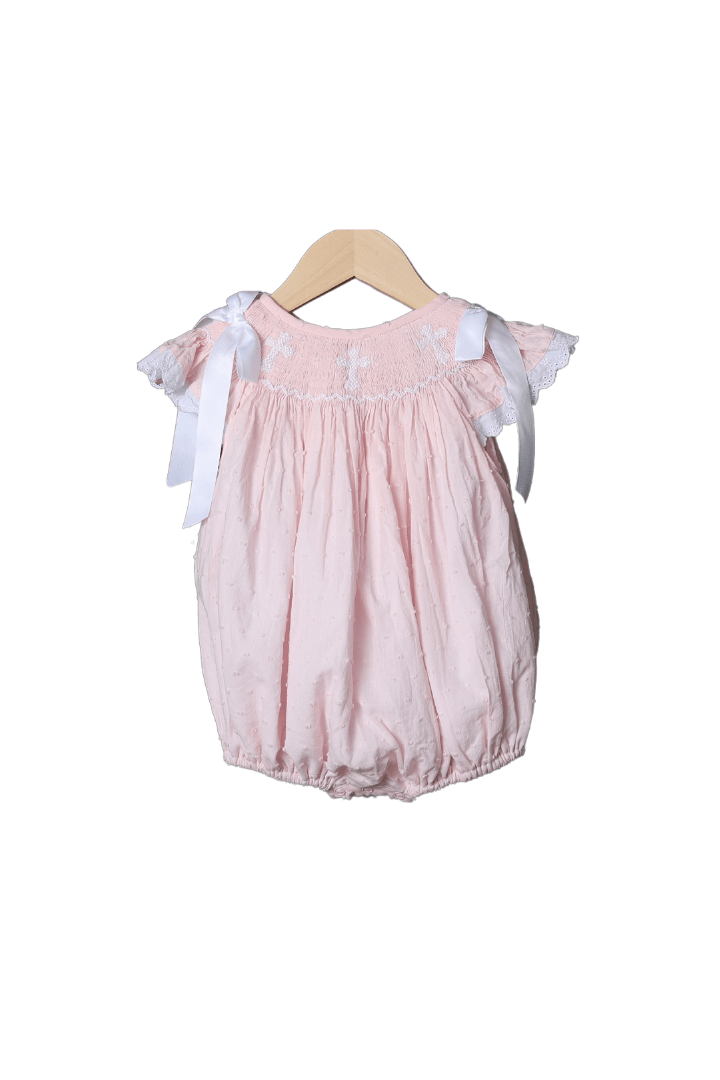 Smocked Little Sister Blue and White Swiss Dot Bow Bubble main image 0