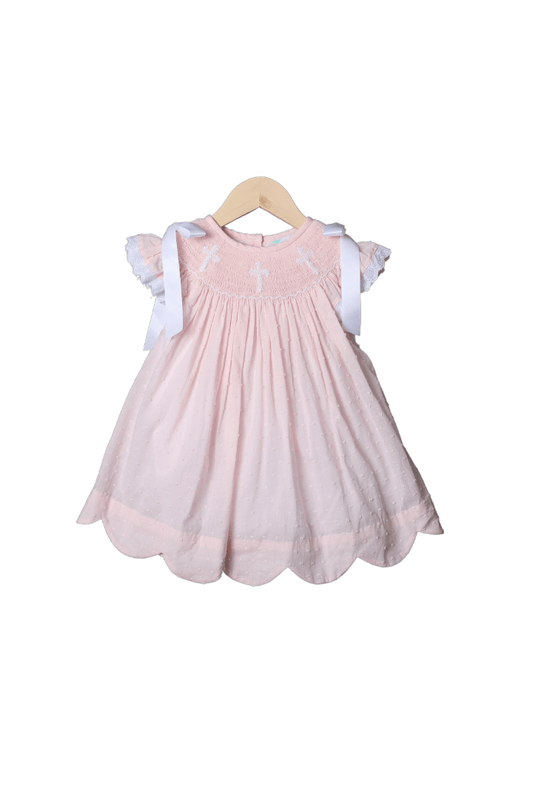 The Smocked Flamingo Apparel & Accessories Smocked Cross Pink Swiss Dot Dress