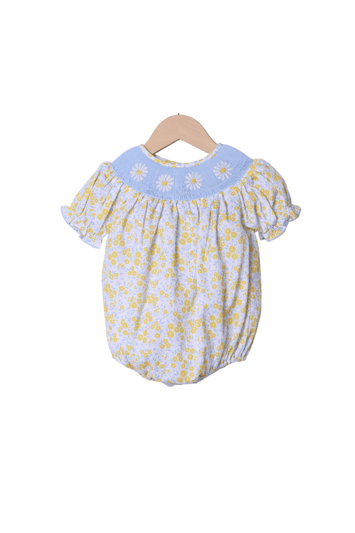 The Smocked Flamingo Apparel & Accessories Smocked Daisy Yellow and Blue Floral Bubble