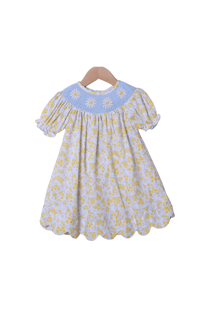 The Smocked Flamingo Apparel & Accessories Smocked Daisy Yellow and Blue Floral Dress