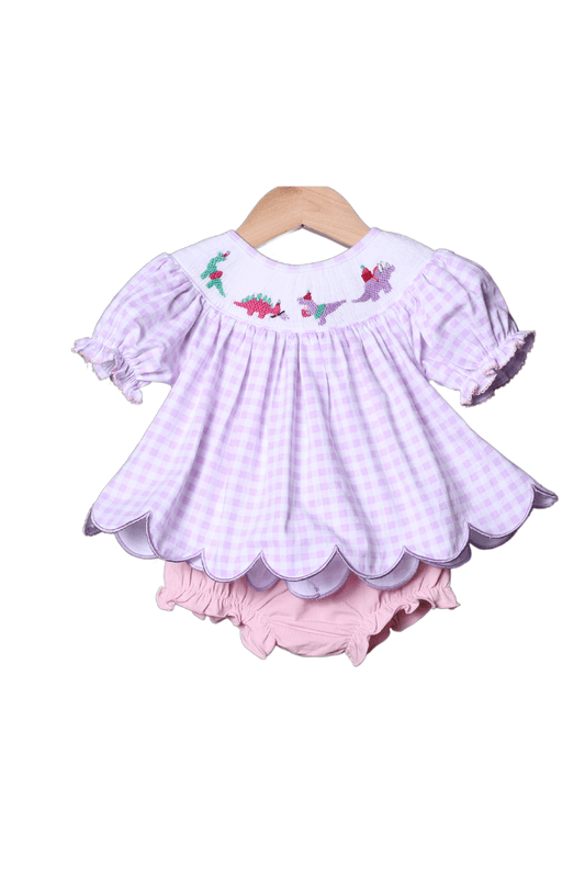 The Smocked Flamingo Apparel & Accessories Smocked Dino Party Lavender Gingham Bloomer Set