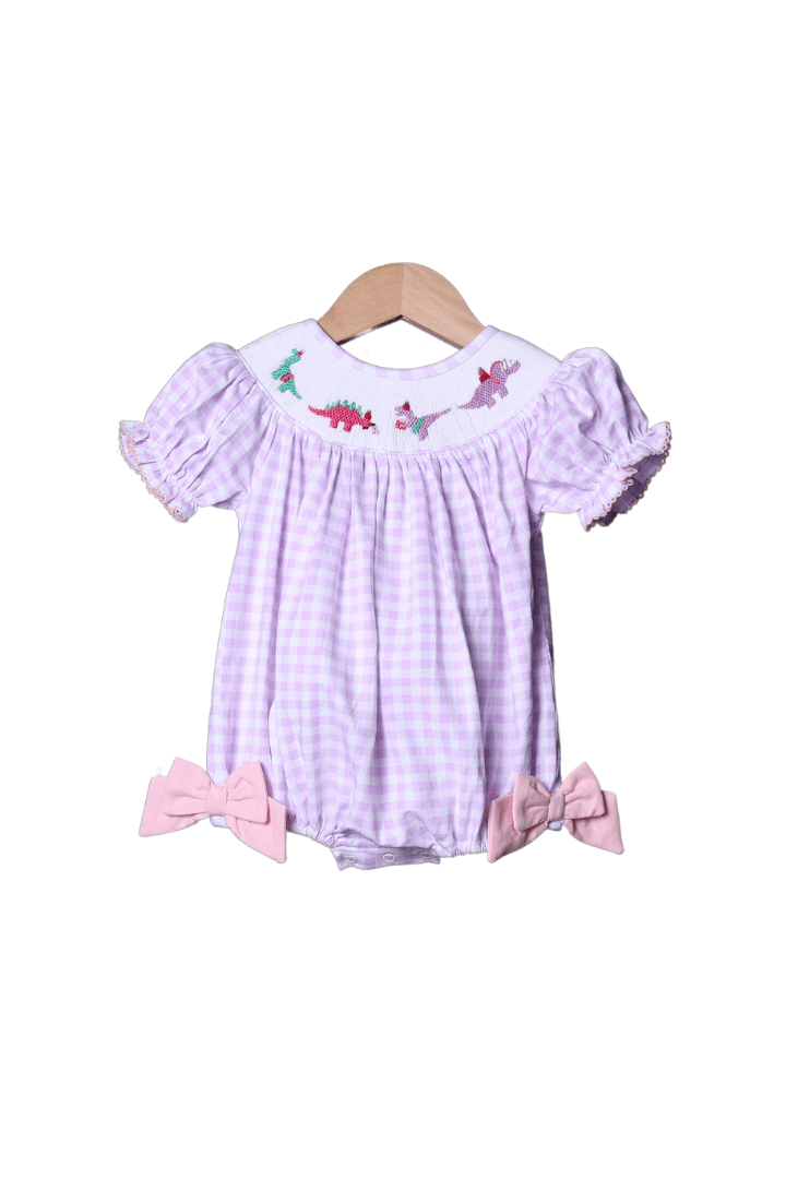 The Smocked Flamingo Apparel & Accessories Smocked Dino Party Lavender Gingham Bubble