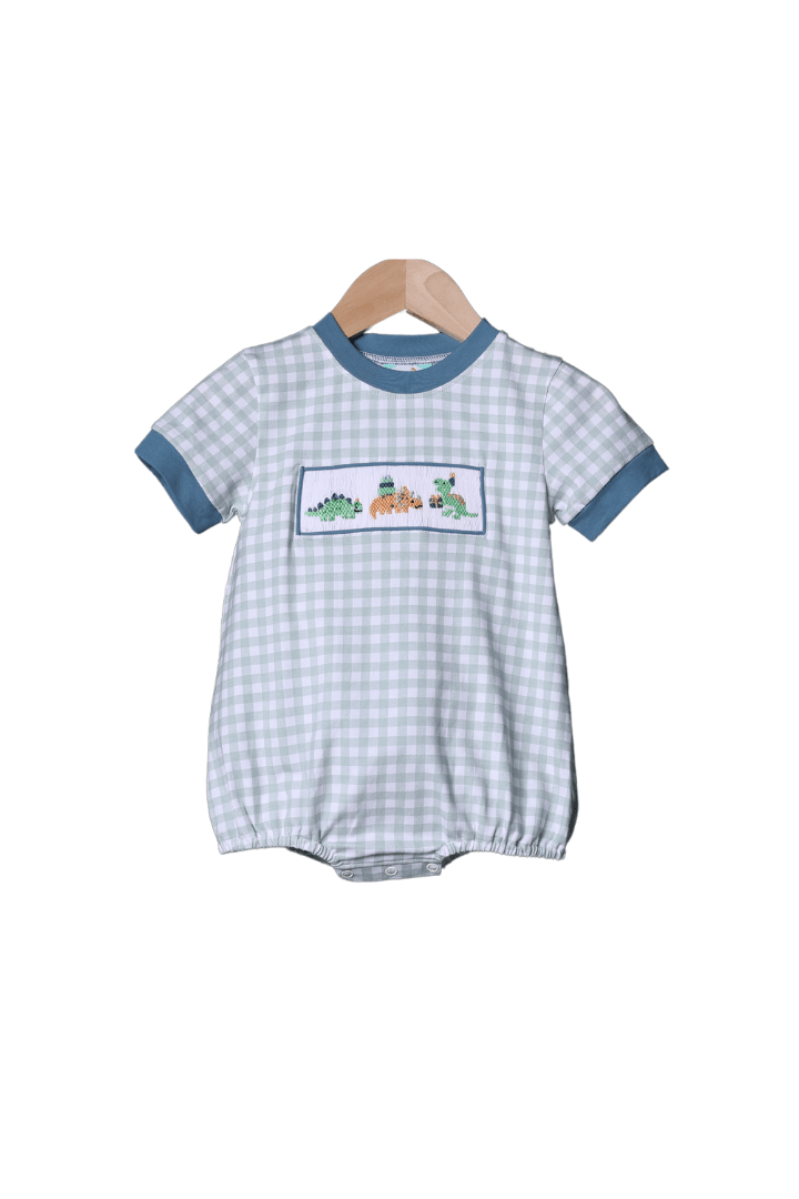 The Smocked Flamingo Apparel & Accessories Smocked Dinosaur Sage Gingham Bubble