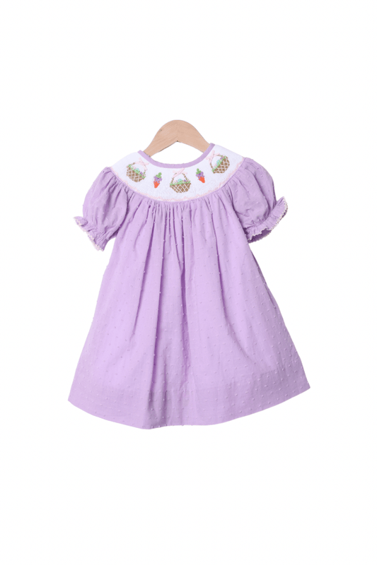 The Smocked Flamingo Apparel & Accessories Smocked Easter Bunny Basket Lavender Swiss Dot Dress