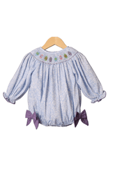 Smocked Easter Egg Blue Floral Bow LONG Sleeve Bubble