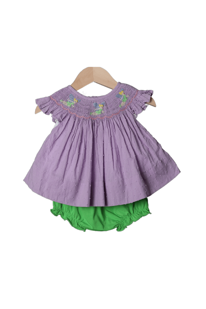 The Smocked Flamingo Apparel & Accessories Smocked Fairy Lavender Swiss Dot Bloomer Set