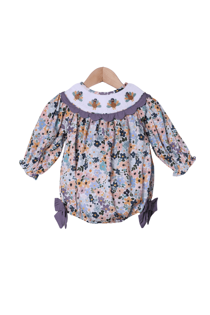 The Smocked Flamingo Apparel & Accessories Smocked Fall Floral Turkey Bow Bubble